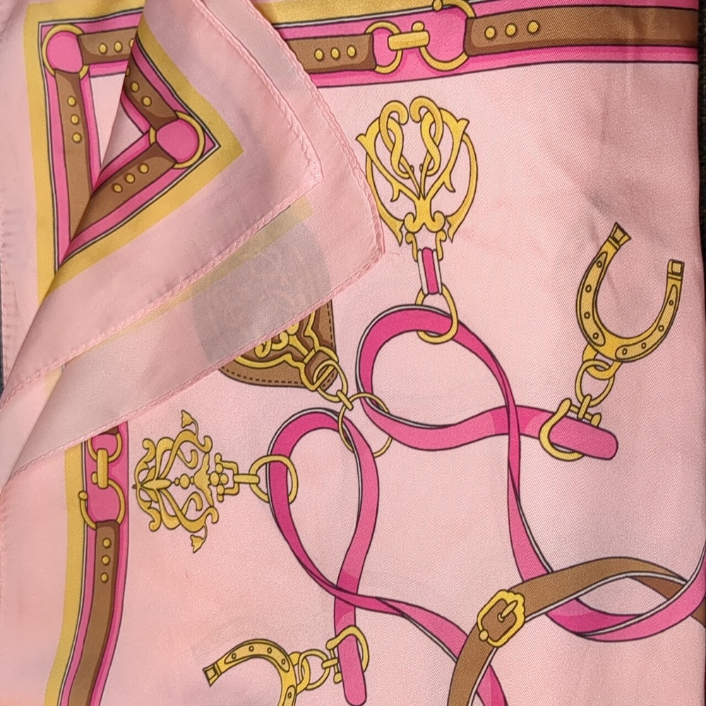 Vintage Mod Pink Equestrian Scarf Mid Century 51" Square Old Money Horse Theme - Picture 3 of 11